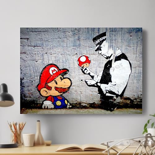 BANKSY Mario Cop Graffiti Stretched Canvas Wall Art Picture Print (76x51 cm)