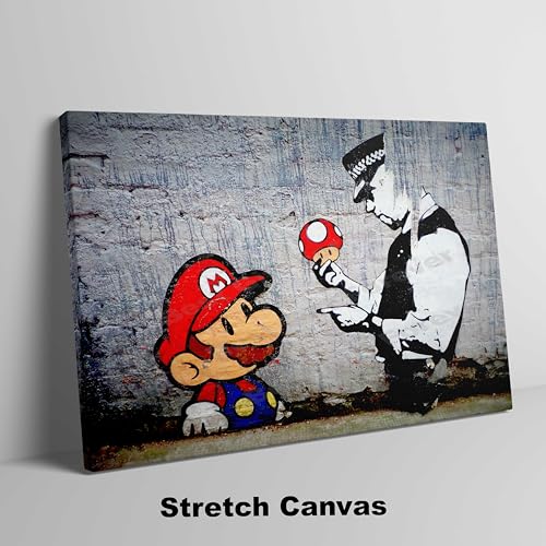 BANKSY Mario Cop Graffiti Stretched Canvas Wall Art Picture Print (76x51 cm)