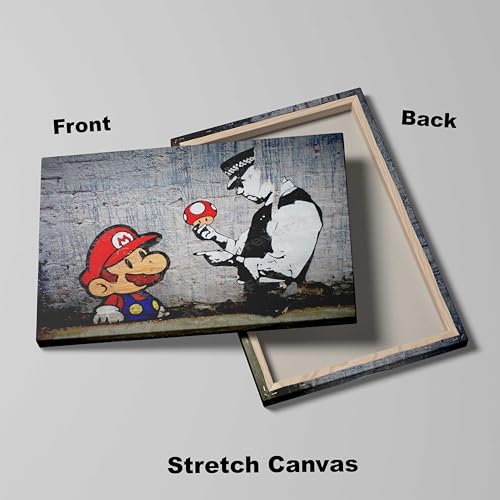 BANKSY Mario Cop Graffiti Stretched Canvas Wall Art Picture Print (76x51 cm)
