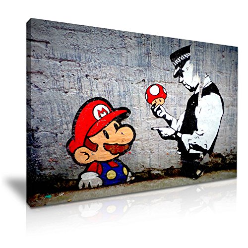 BANKSY Mario Cop Graffiti Stretched Canvas Wall Art Picture Print (76x51 cm)
