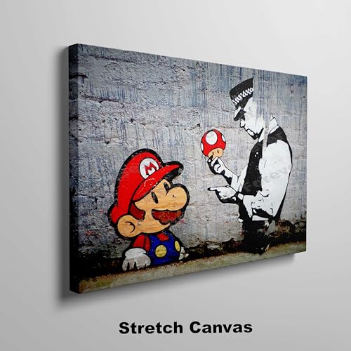 BANKSY Mario Cop Graffiti Stretched Canvas Wall Art Picture Print (76x51 cm)