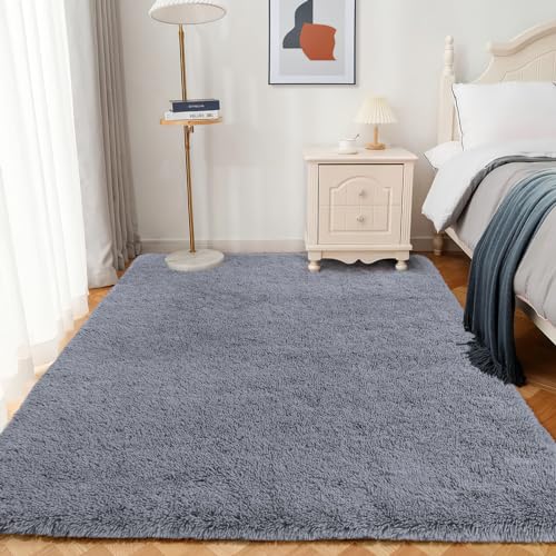 XSIVOD Grey Ultra Soft Floor Carpet, Luxury Fluffy Shag Lounge Area Rug Ideal for Living Room, Bedroom, Nursery, Kids Baby Room, 120x160cm