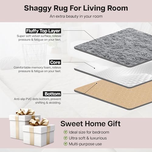 Aspire Homeware Rugs Living Room - Grey Area Rugs for Bedroom Anti Slip - Modern Super Soft Thick Pile Small Fluffy Shaggy Rug Non Shedding, 50cm x 80 cm