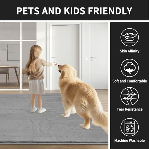 Sour Lemon Soft Rugs Living Room, Faux Rabbit Fur Rug Grey Area Rugs for Bedroom Rug, Luxury Anti Slip Rug Large Smooth Floor Carpet Short Pile Area Rug for Living Room, Bedroom, Kids Room 200X300CM