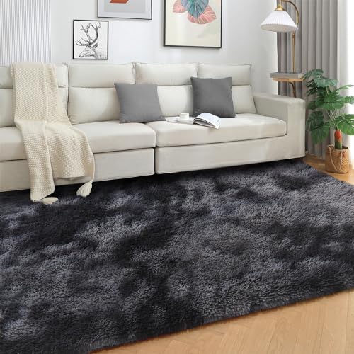 SOANNY Living Room Rug, Bedside Rug Soft Fluffy Lounge Rugs For Living Room Bedroom Dorm Nursery Kids Room, Luxury Tie-dyed Shag Throw Area Rug Decor Carpet, Dark Grey, 90x150 cm