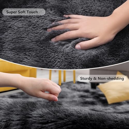 SOANNY Living Room Rug, Bedside Rug Soft Fluffy Lounge Rugs For Living Room Bedroom Dorm Nursery Kids Room, Luxury Tie-dyed Shag Throw Area Rug Decor Carpet, Dark Grey, 90x150 cm