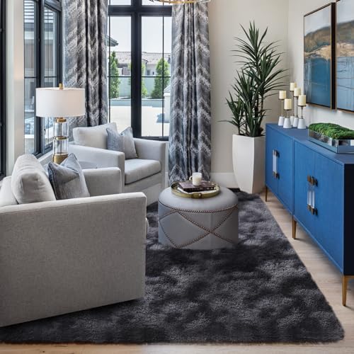 SOANNY Living Room Rug, Bedside Rug Soft Fluffy Lounge Rugs For Living Room Bedroom Dorm Nursery Kids Room, Luxury Tie-dyed Shag Throw Area Rug Decor Carpet, Dark Grey, 90x150 cm