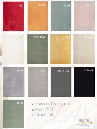 the carpet Relax Modern Fluffy Short Pile Rug, Non-Slip Underside, Washable up to 30 Degrees, Super Soft, Fur Look, Green, 80 x 150 cm