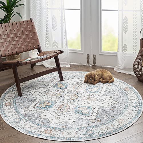 TOPICK Round Rug 4Ft Bohemian Area Rug Indoor Circle Grey Rug Washable Rug Floral Medallion Non Slip with Rubber Backing for Living Dining Room Entryway