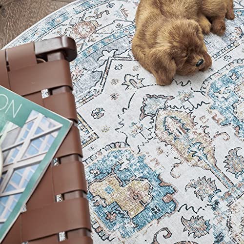 TOPICK Round Rug 4Ft Bohemian Area Rug Indoor Circle Grey Rug Washable Rug Floral Medallion Non Slip with Rubber Backing for Living Dining Room Entryway