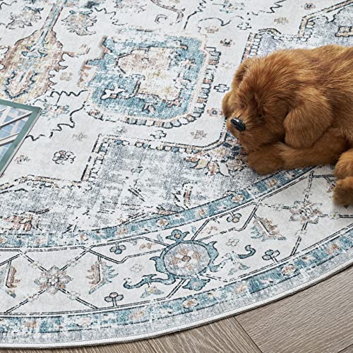 TOPICK Round Rug 4Ft Bohemian Area Rug Indoor Circle Grey Rug Washable Rug Floral Medallion Non Slip with Rubber Backing for Living Dining Room Entryway