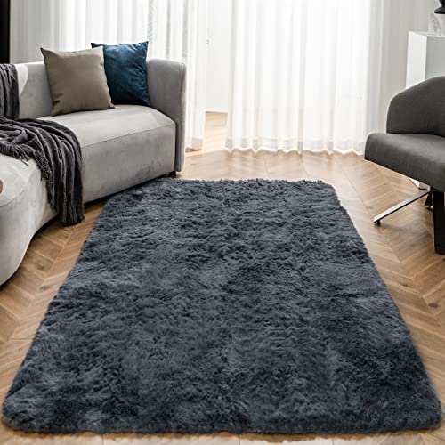OMERAI Grey Rug Living Room Rug Large Anti Slip Rug Fluffy Rugs Faux Fur Rug Velvet Thick Rug Plush Shaggy Area Rugs Super Soft Floor Mat for Bedroom Kids Rooms Decor (Grey, 120 * 180cm)