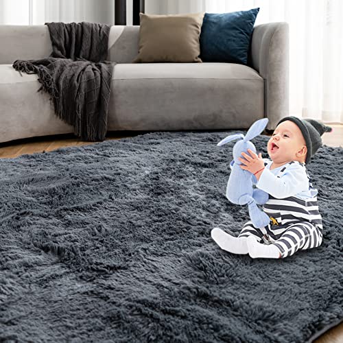 OMERAI Grey Rug Living Room Rug Large Anti Slip Rug Fluffy Rugs Faux Fur Rug Velvet Thick Rug Plush Shaggy Area Rugs Super Soft Floor Mat for Bedroom Kids Rooms Decor (Grey, 120 * 180cm)