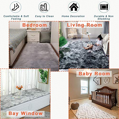 Gsogcax Super Soft Fluffy Area Rug Bedroom Living Room Shaggy Anti-Skid Comfortable Large Rugs Indoor Modern Home Decor Floor Carpet - Dark Grey 120x160 (Tie-dye)