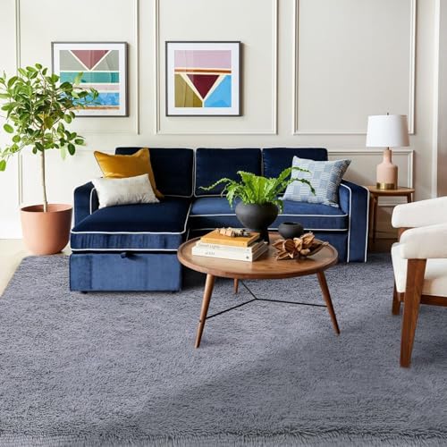 FVVRAX Area Rugs Living Room Rug, Soft Fluffy Shaggy Bedroom Rug Floor Carpet with Durable Anti-slip Backing, Carpets for Kids Girls Dorm Nursery Bedside Rug, 92x153cm, Grey