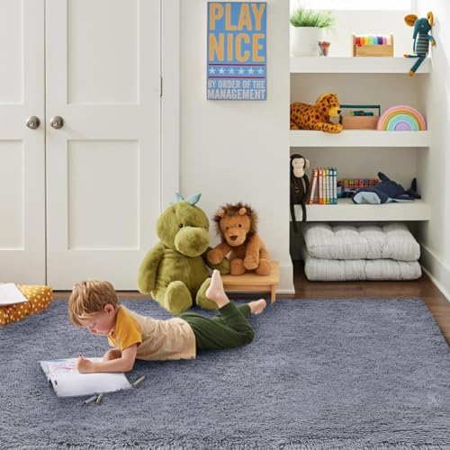 FVVRAX Area Rugs Living Room Rug, Soft Fluffy Shaggy Bedroom Rug Floor Carpet with Durable Anti-slip Backing, Carpets for Kids Girls Dorm Nursery Bedside Rug, 92x153cm, Grey