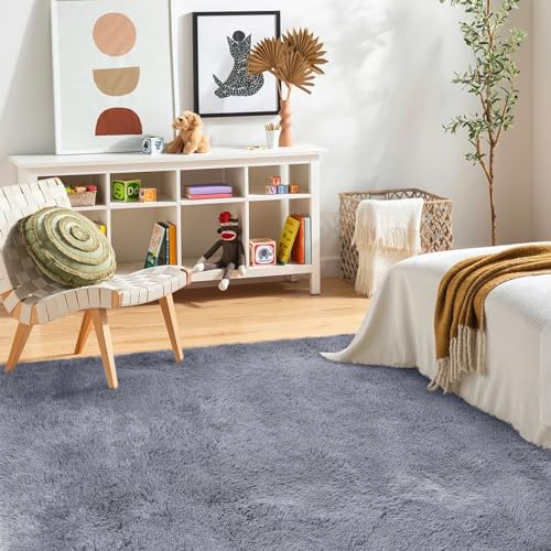 FVVRAX Area Rugs Living Room Rug, Soft Fluffy Shaggy Bedroom Rug Floor Carpet with Durable Anti-slip Backing, Carpets for Kids Girls Dorm Nursery Bedside Rug, 92x153cm, Grey