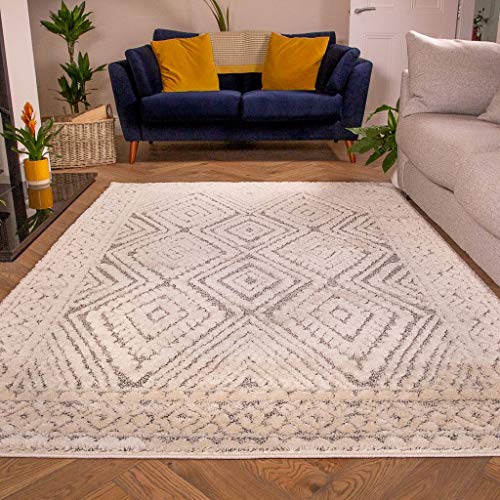 Large Soft Fluffy Grey Cream Trellis Area Rug Shaggy Shag Modern Geometric Aztec Big Living Room Bedroom Rugs 200cm x 290cm