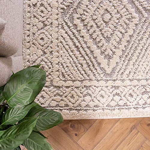 Large Soft Fluffy Grey Cream Trellis Area Rug Shaggy Shag Modern Geometric Aztec Big Living Room Bedroom Rugs 200cm x 290cm