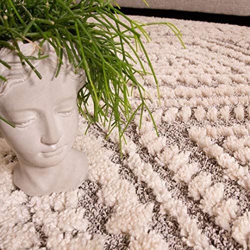 Large Soft Fluffy Grey Cream Trellis Area Rug Shaggy Shag Modern Geometric Aztec Big Living Room Bedroom Rugs 200cm x 290cm