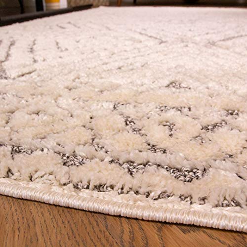 Large Soft Fluffy Grey Cream Trellis Area Rug Shaggy Shag Modern Geometric Aztec Big Living Room Bedroom Rugs 200cm x 290cm