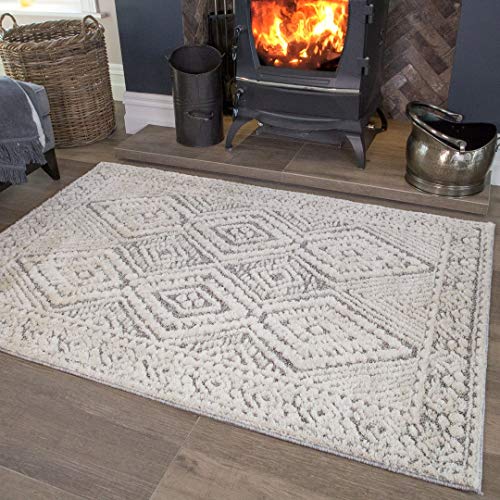 Large Soft Fluffy Grey Cream Trellis Area Rug Shaggy Shag Modern Geometric Aztec Big Living Room Bedroom Rugs 200cm x 290cm