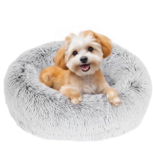 JOLLYVOGUE Calming Donut Bed - Anti-Anxiety Round Fluffy Cuddler, Small Puppy
