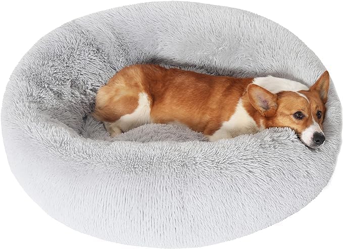 JOLLYVOGUE Calming Donut Bed - Anti-Anxiety Round Fluffy Cuddler, Small Puppy