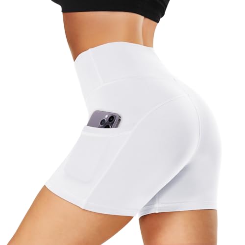 Women's High Waist Workout Shorts with Pockets - White