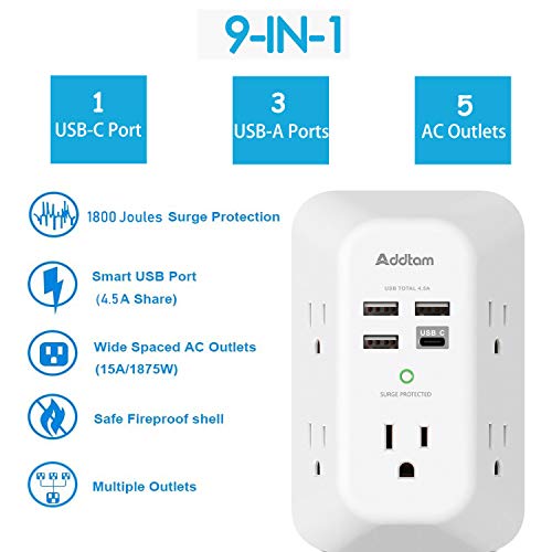 5 Outlet Surge Protector with 4 USB Ports
