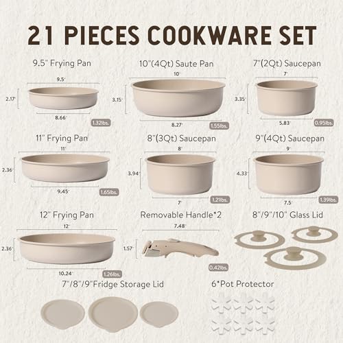 21pcs Nonstick Induction Cookware Set, Removable Handle, RV-Safe