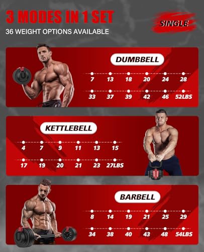 BaiYuan 3-In-1 Adjustable Dumbbell Set, 7-52lbs Free Weights