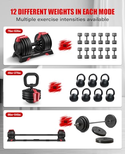 BaiYuan 3-In-1 Adjustable Dumbbell Set, 7-52lbs Free Weights
