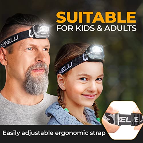 Foxelli LED Headlamp for Adults & Kids - Waterproof, Lightweight