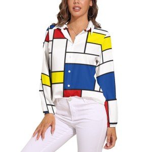 Mondrian-Inspired Oversized Long Sleeve Blouse