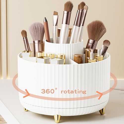 360° Rotate Makeup Brush Holder Organizer, White Vanity Storage