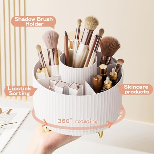 360° Rotate Makeup Brush Holder Organizer, White Vanity Storage