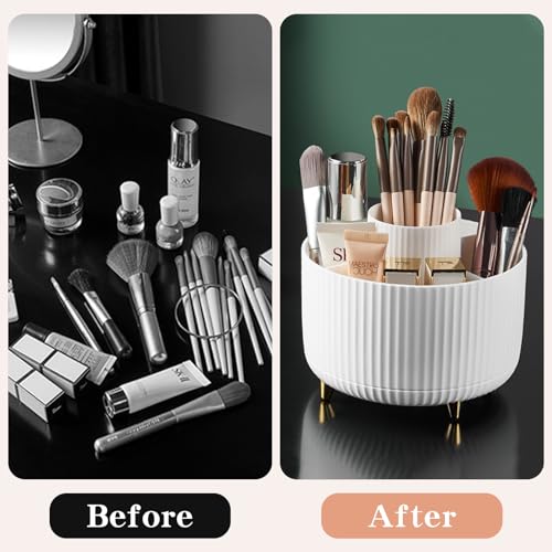 360° Rotate Makeup Brush Holder Organizer, White Vanity Storage