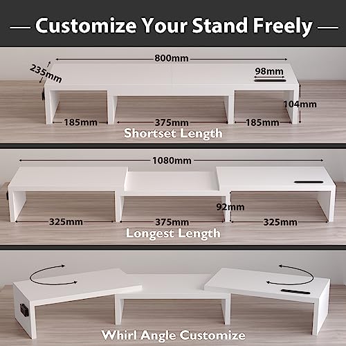 Wooden dual monitor stand with smartphone holder, white