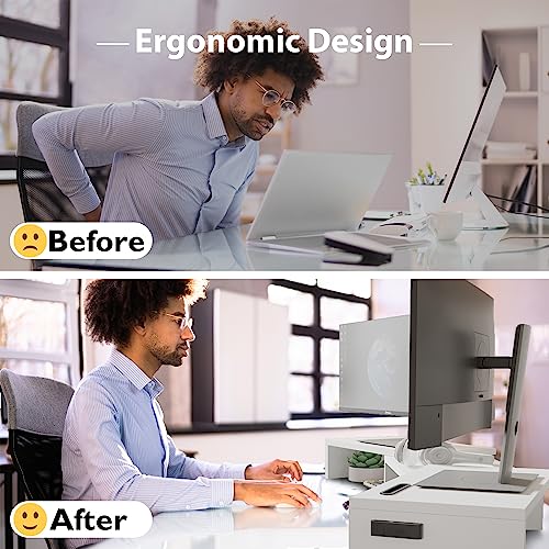 Wooden dual monitor stand with smartphone holder, white