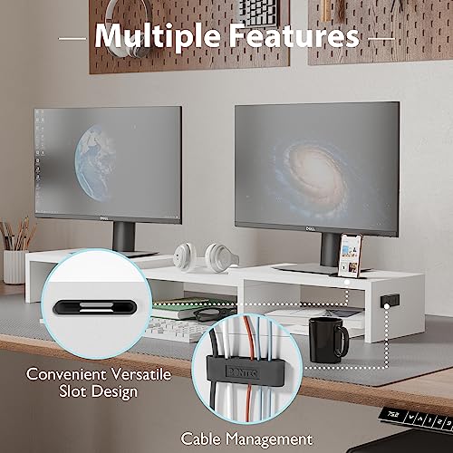 Wooden dual monitor stand with smartphone holder, white