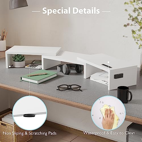 Wooden dual monitor stand with smartphone holder, white