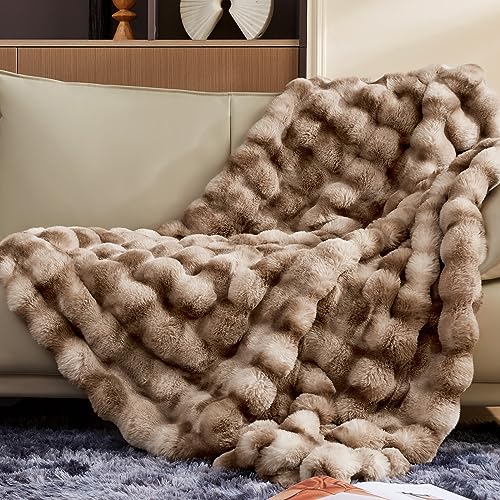 Touchat Luxury 1000GSM Faux Rabbit Fur Blanket, Brown