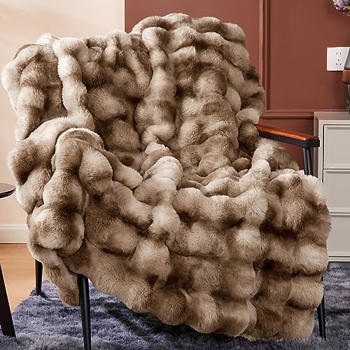 Touchat Luxury 1000GSM Faux Rabbit Fur Blanket, Brown