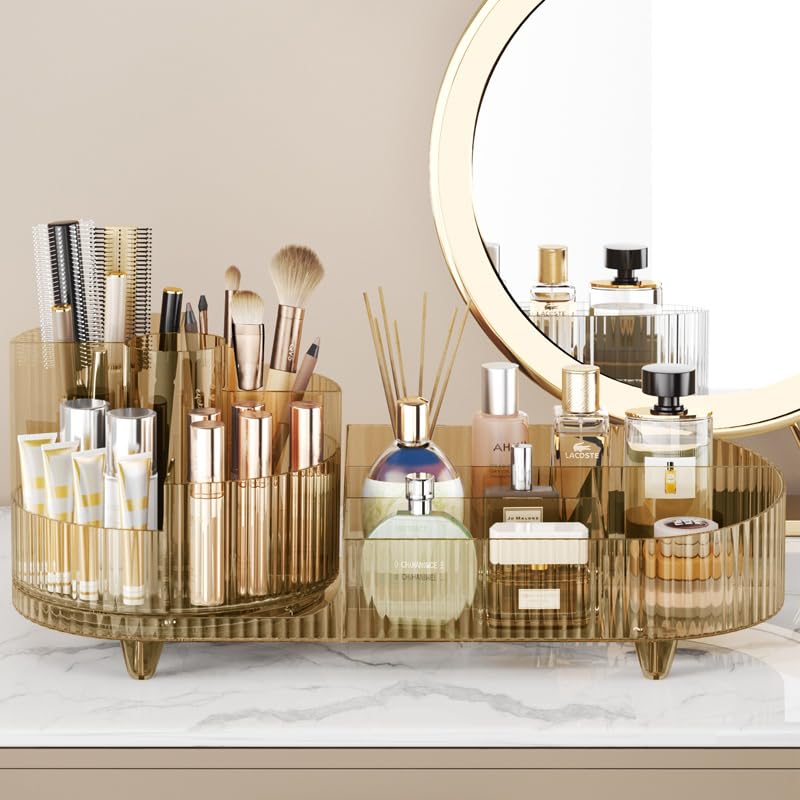 Crystal Amber Rotating Makeup Organizer, Large Capacity Makeup Display