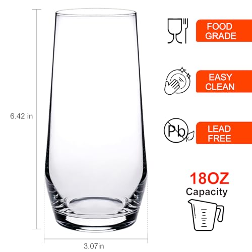 Set of 4 Tall Highball Glasses, 18oz Clear Glassware