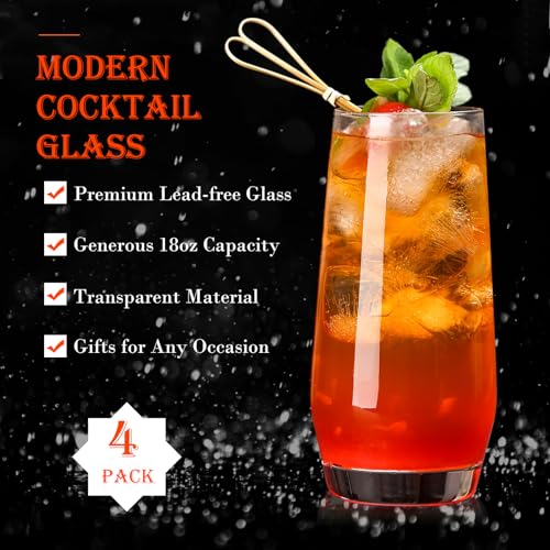 Set of 4 Tall Highball Glasses, 18oz Clear Glassware