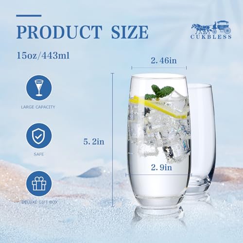 Crystal Highball Water Glasses Set of 6, 15 Oz