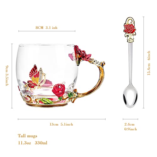 Butterfly Rose Glass Coffee Mug Set for Women