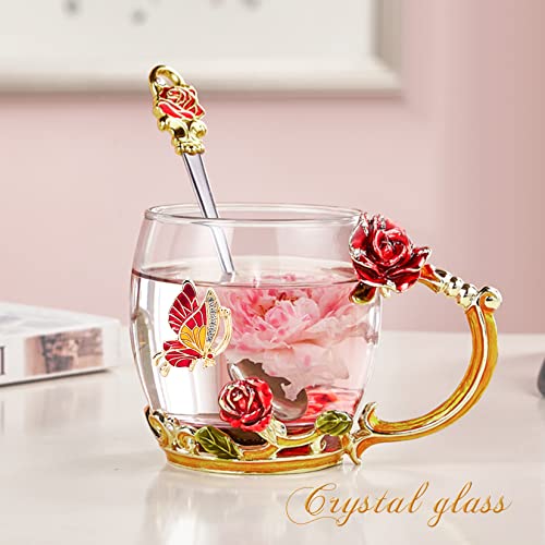 Butterfly Rose Glass Coffee Mug Set for Women